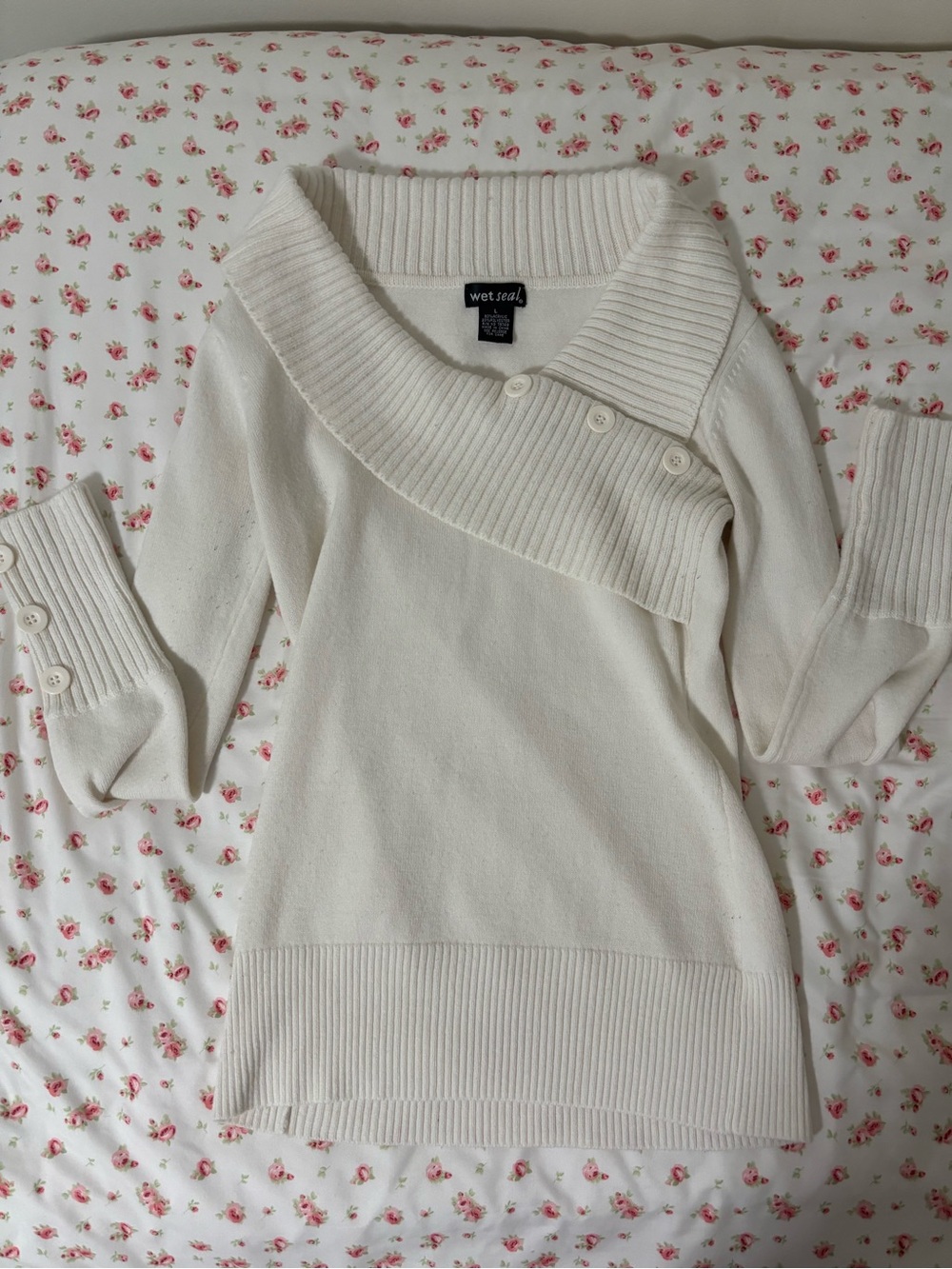 Wet Seal Cream Asymmetric Button-Trim Cowl Sweater